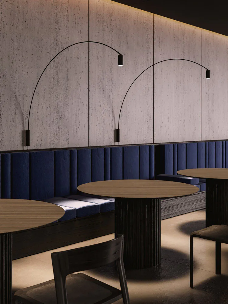 Modern Restaurant Design with Blue and Black Accents