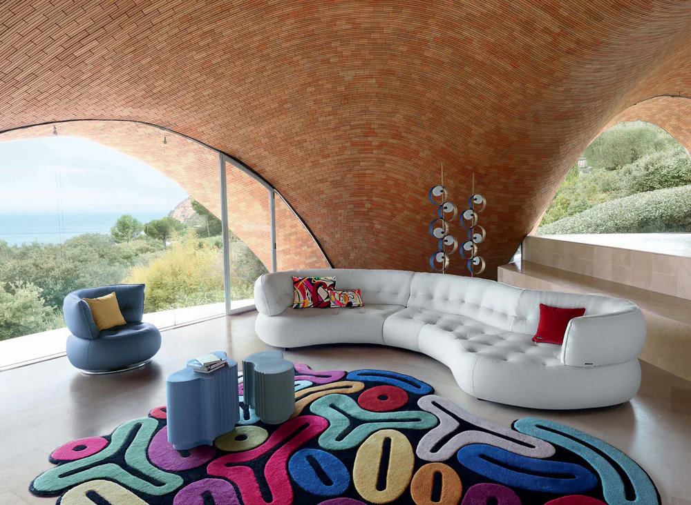 Modern Living Room with Large Windows and Geometric Rug