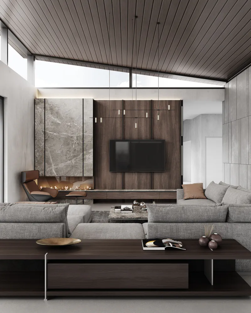 Modern Minimalist Living Room with Marble Wall and Track Lighting