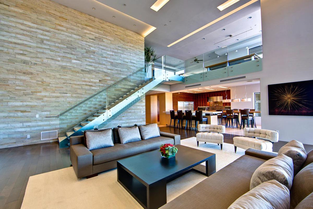 Modern Dining Room with Glass Staircase