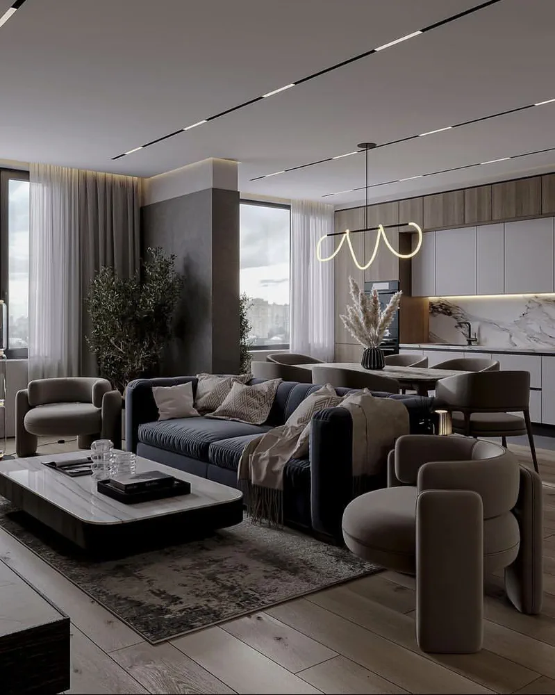 Modern Minimalist Living Room with Marble Wall and Track Lighting