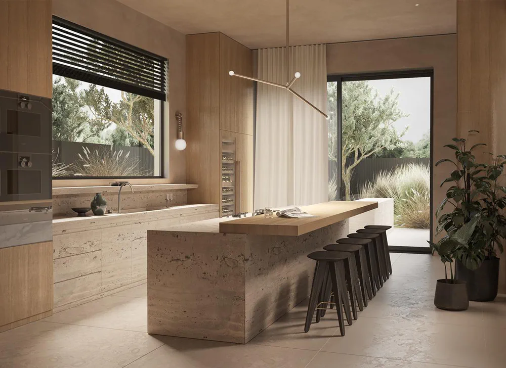 Modern Kitchen Design with Marble Island and Glass Pendant Lights