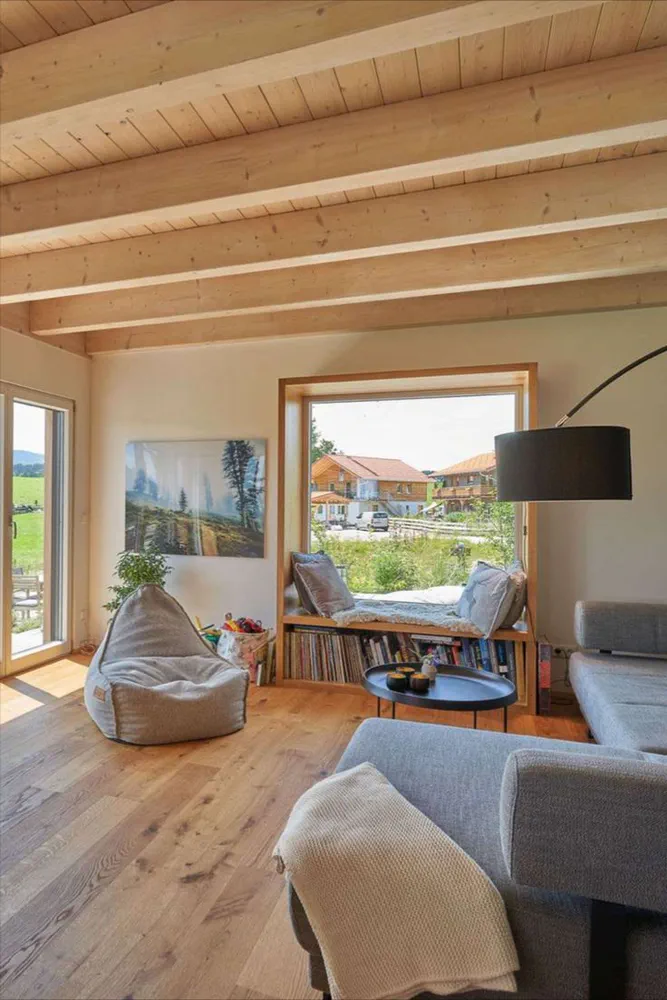 Modern Dining Room with Wooden Furniture and Large Windows