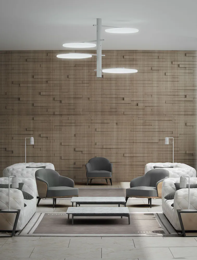 Modern Living Room Design with Beige Tufted Sofa and Light Blue Armchairs
