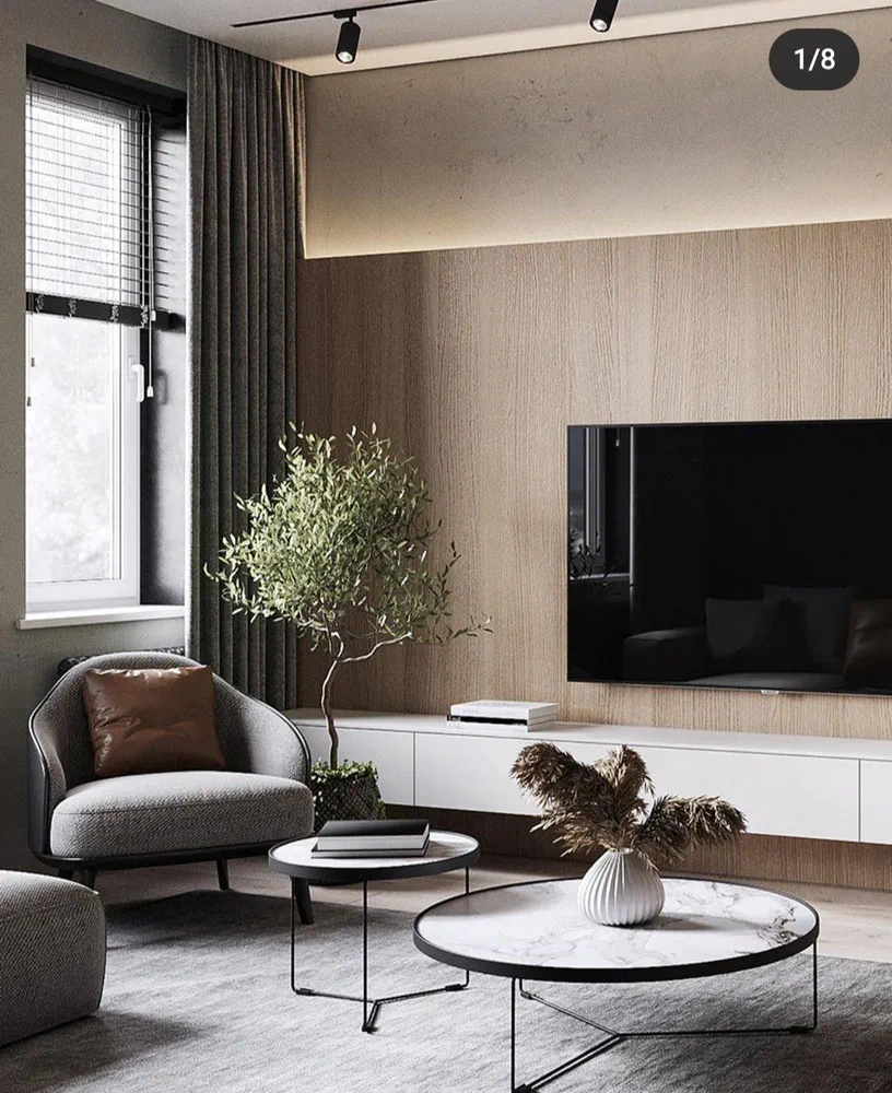 Modern Minimalist Living Room with Marble Wall and Track Lighting