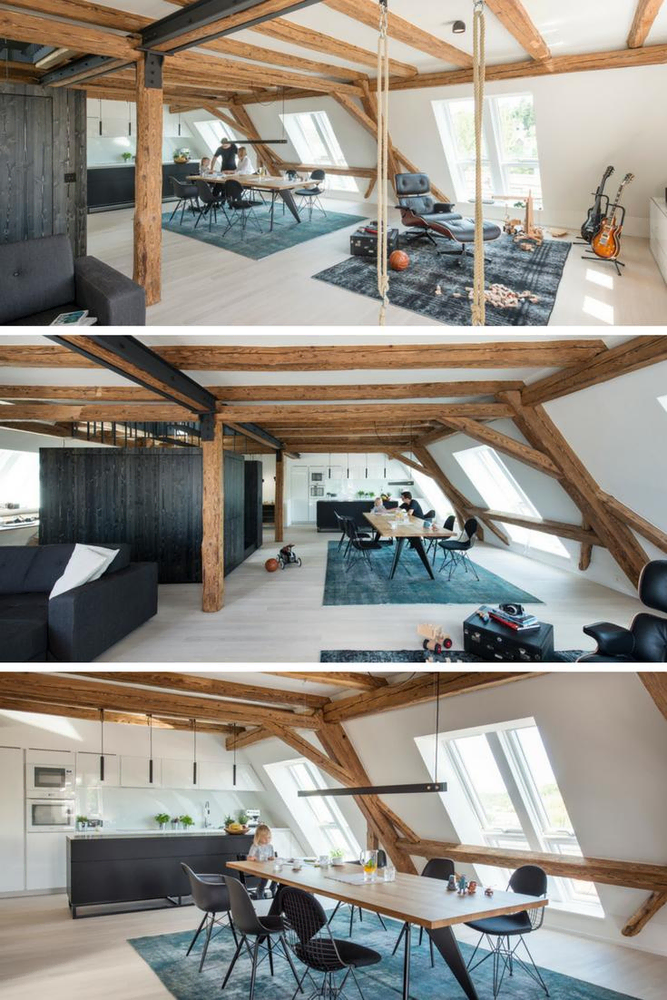 Modern Dining Room with Industrial Pendant Lights and Wooden Beams