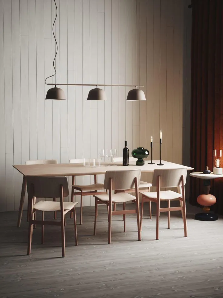 Modern Dining Room Design with Beige Walls and Brown Wooden Doors