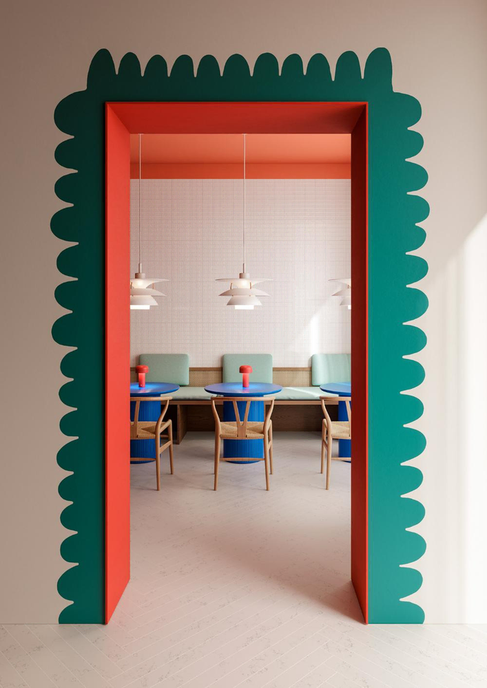 Modern Living Room with Colorful Furniture and Concrete Arches