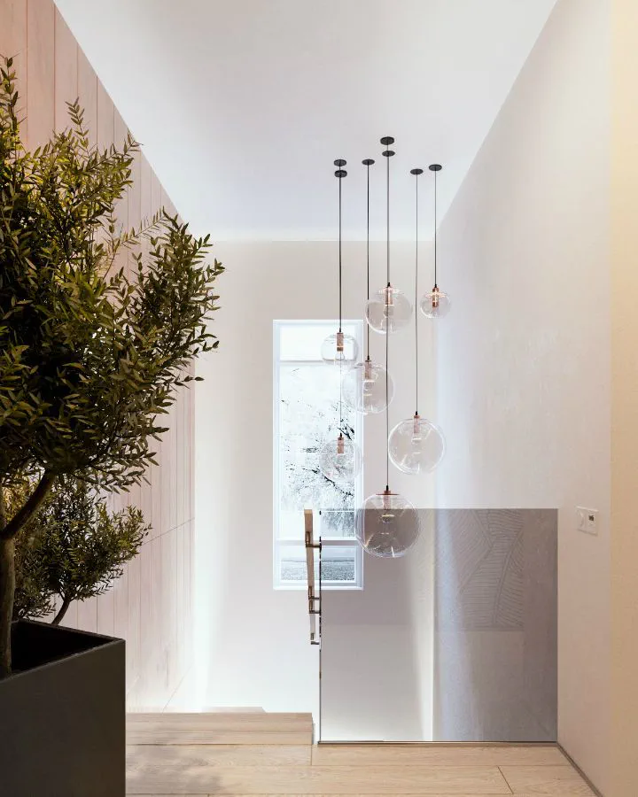 Modern Living Room with Concrete Walls and Glass Pendant Lights