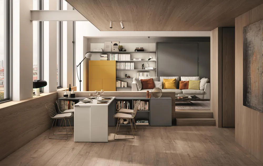 Modern, Multi-Functional Living Room with Artistic Storage