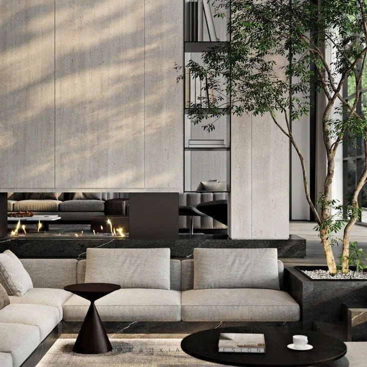 Modern Living Room Design with Beige Sectional and Dark Wood Accents
