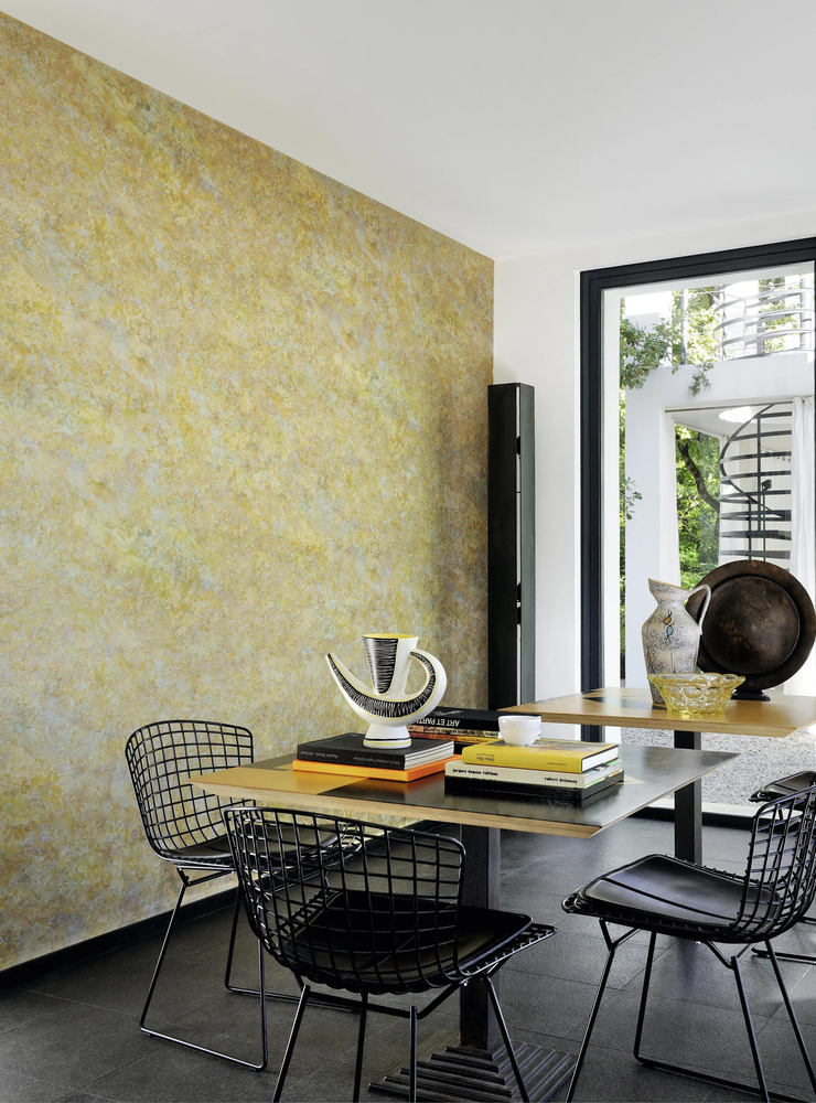 Modern Dining Room with Geometric Wallpaper and Glass-fronted Display Cabinet