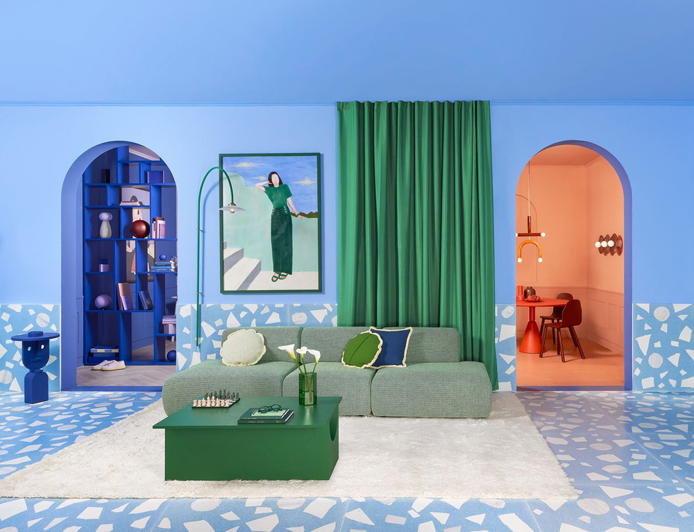 Modern Living Room with Colorful Furniture and Concrete Arches