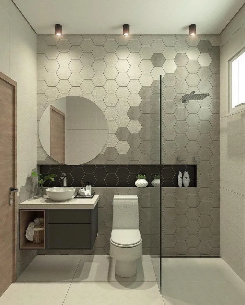 Modern Bathroom Design with Hexagonal Mirrors and Marble Vanity