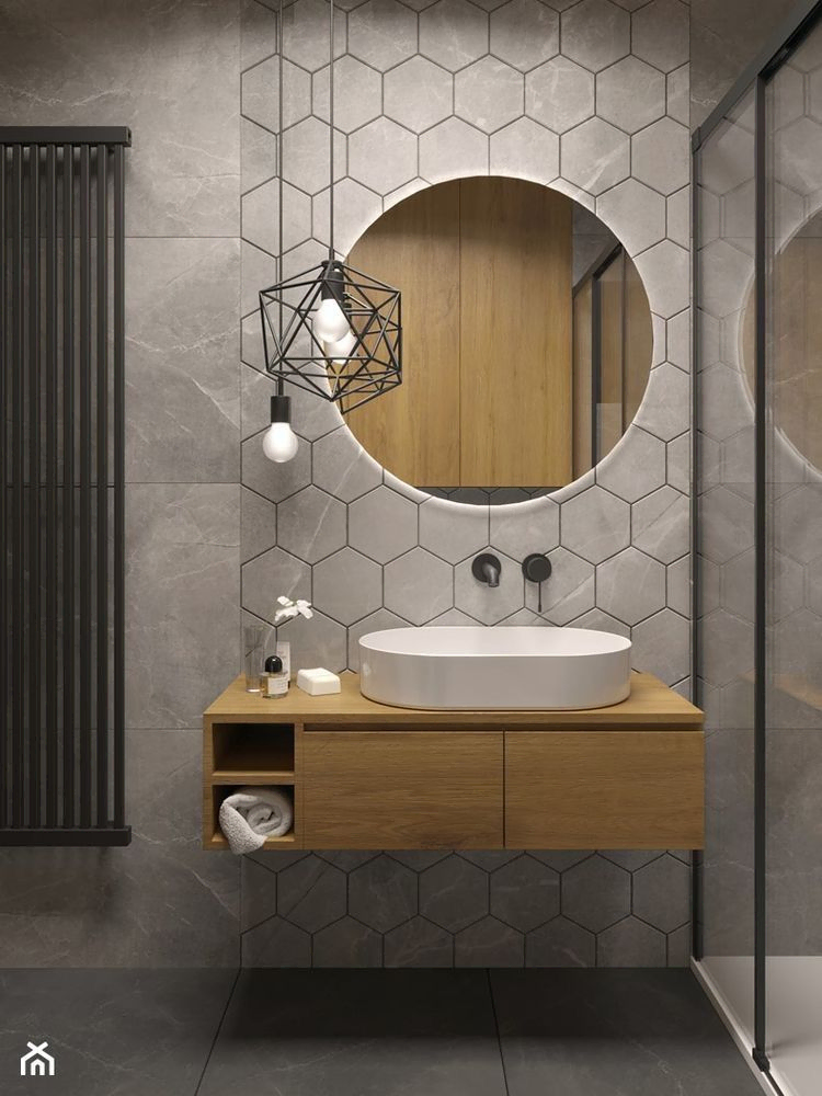 Modern Bathroom Design with Hexagonal Mirrors and Marble Vanity