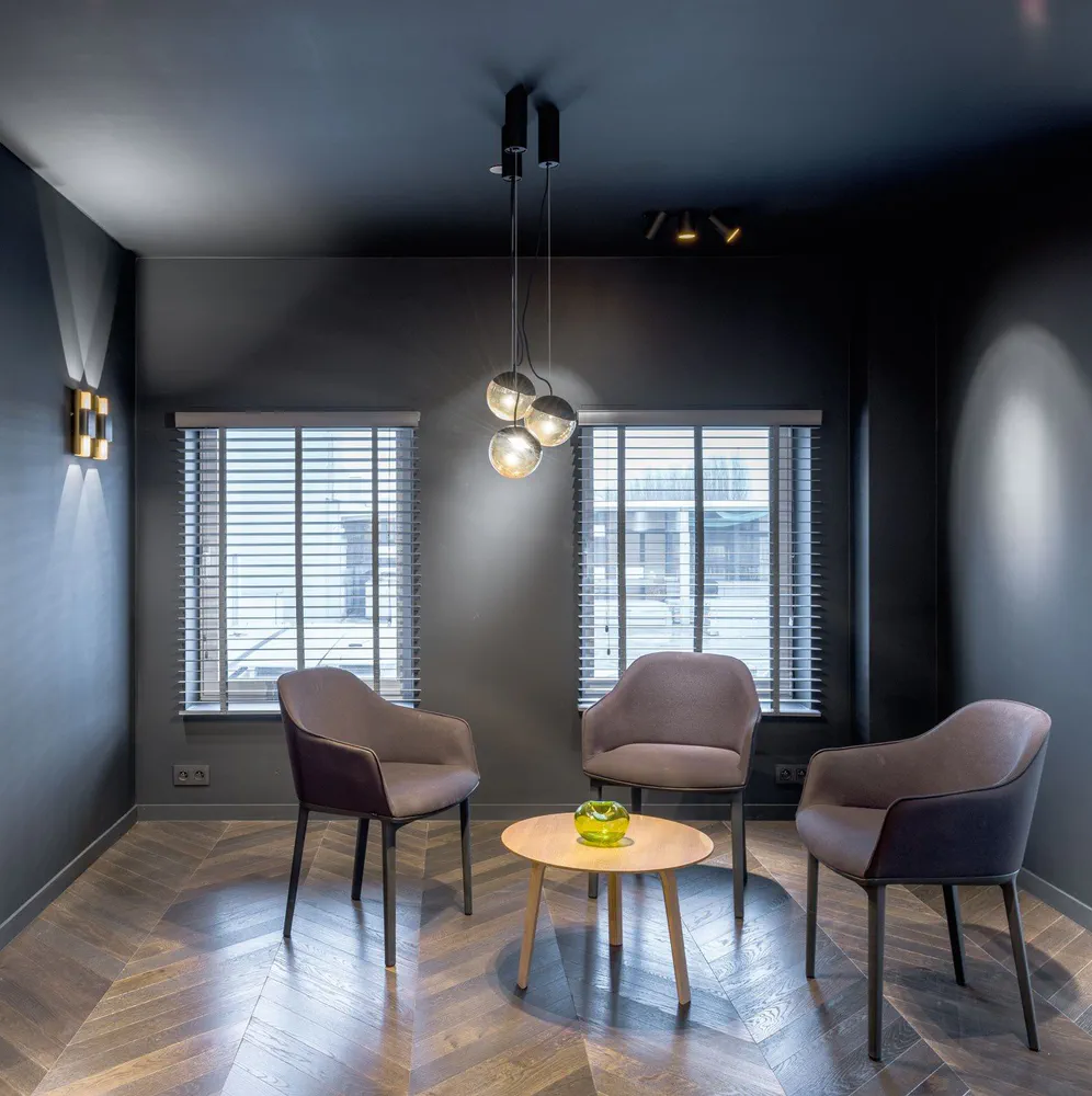 Modern Living Room Design with Dark Grey Walls and Light Wooden Flooring