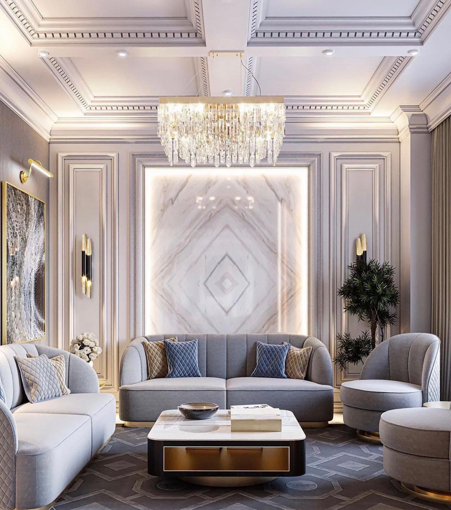Modern Living Room Design with Beige Tufted Sofa and Light Blue Armchairs