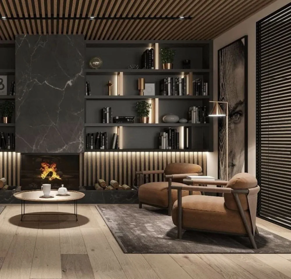 Modern Minimalist Living Room with Marble Wall and Track Lighting