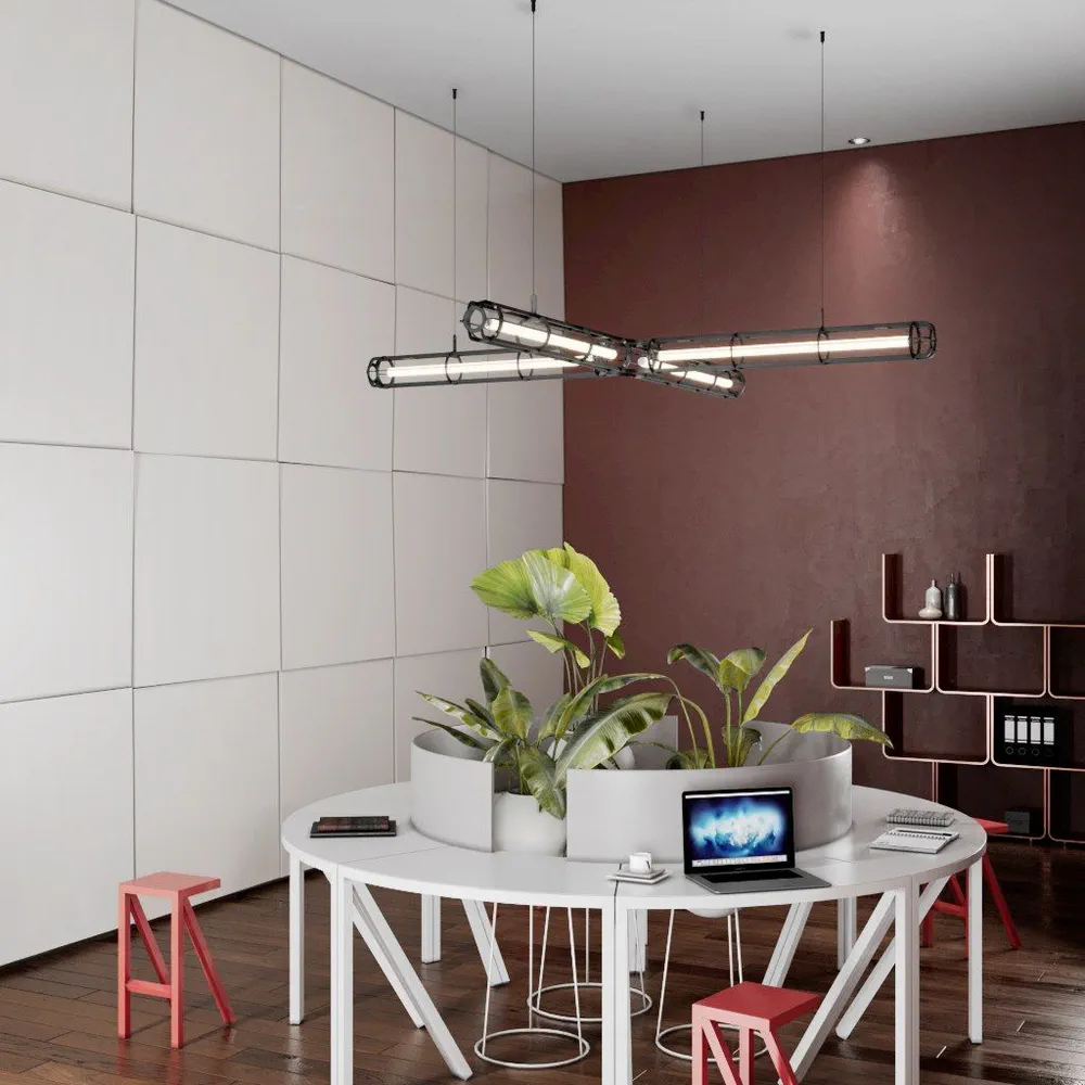 Modern Office Design with White Desk and Blue Chairs