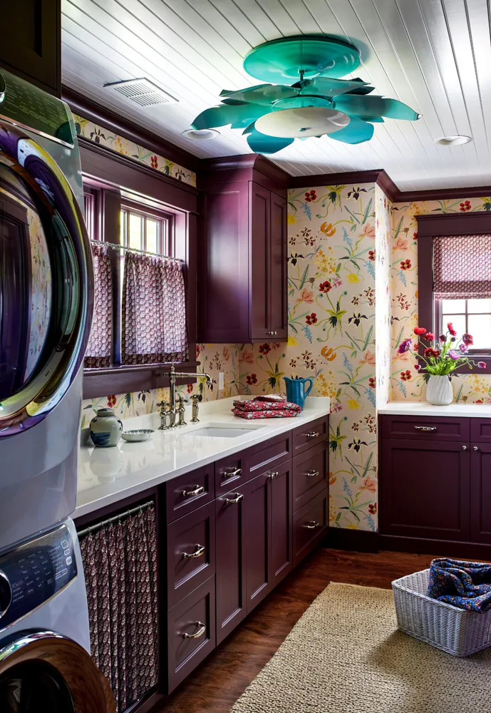 Modern Bathroom with Colorful Tree Wallpaper