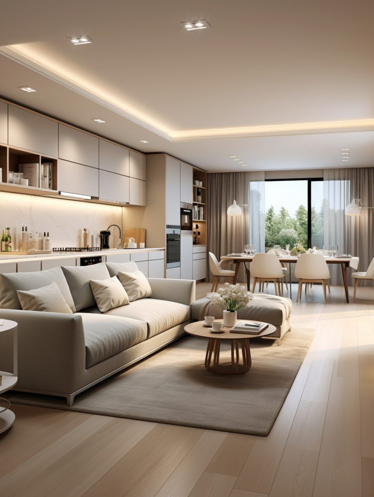 Modern Living Room Design with Beige Fabric Sofas and Large Windows