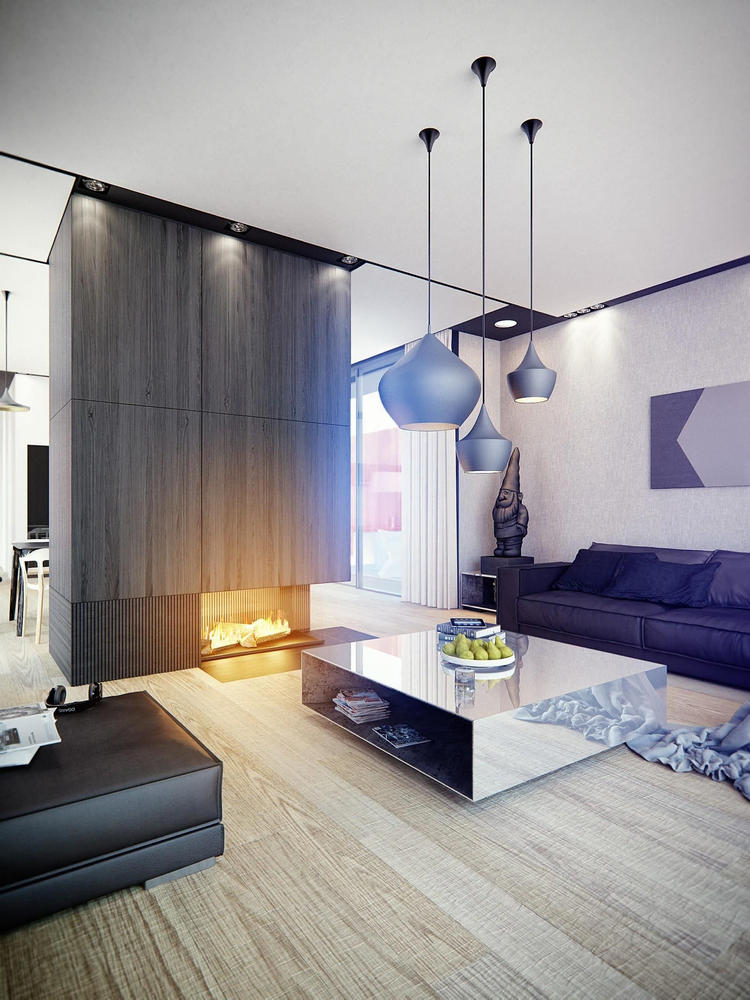 Modern Bauhaus-inspired living room and kitchen with smart home technology and hydroponic garden