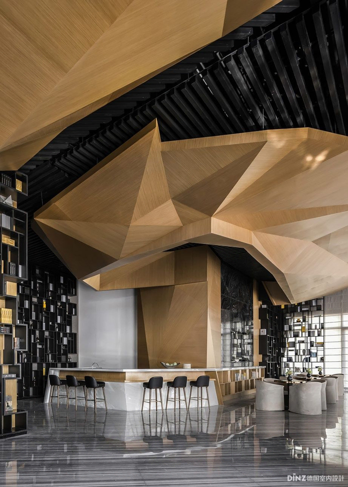 Modern cafeteria design with geometric shapes and natural light