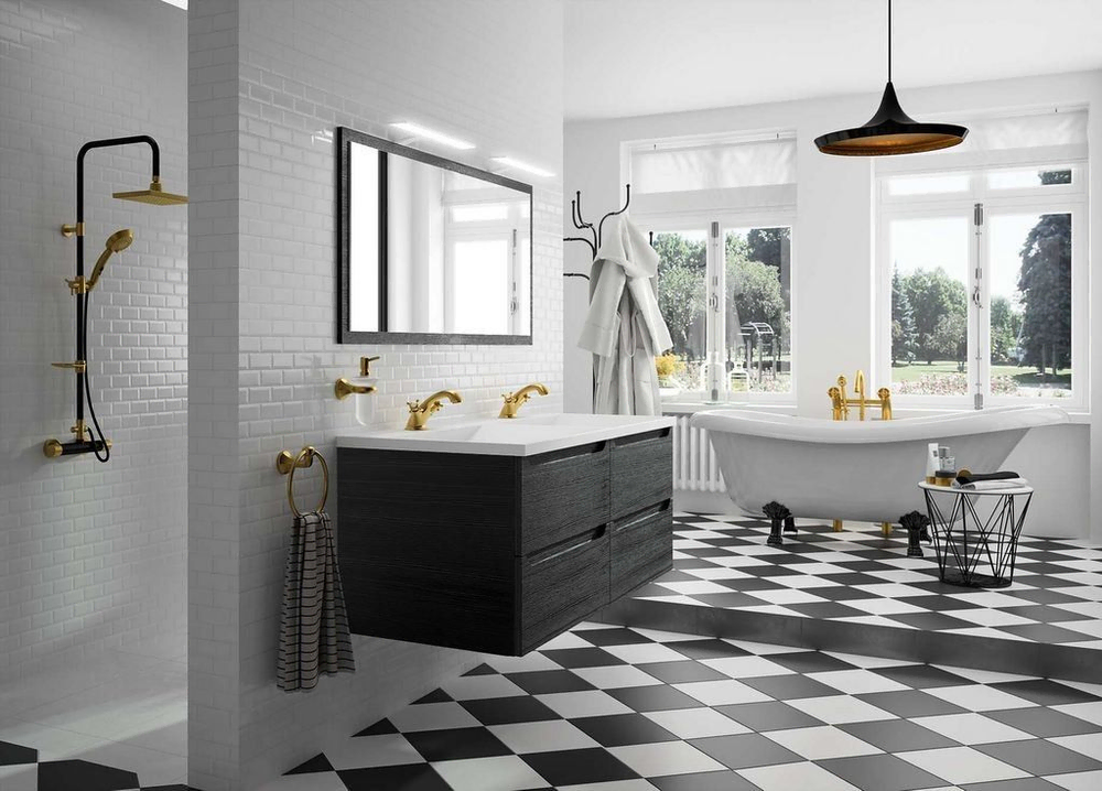 Modern Bathroom Design with Floating Vanity and Black and White Checkered Floor
