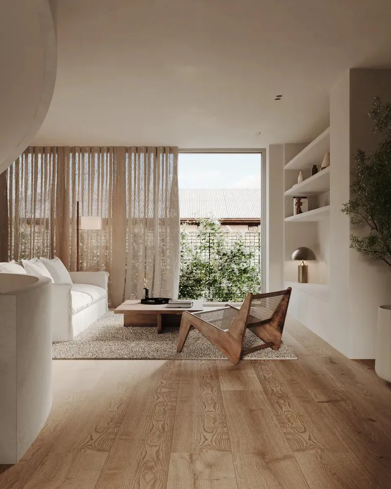 Modern Beige Living Room with Large Windows