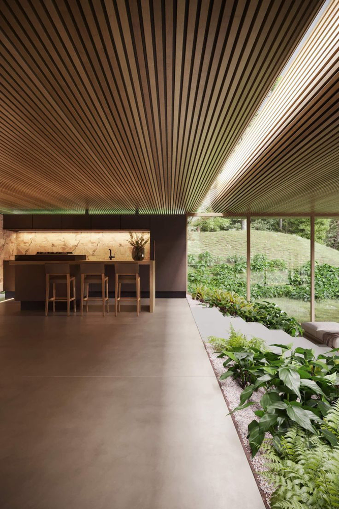 Modern Kitchen Design with Vertical Garden and Wooden Slat Wall