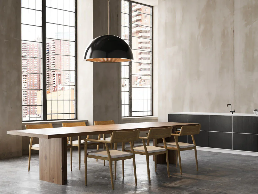 Modern Dining Room with City View and Black Pendant Light