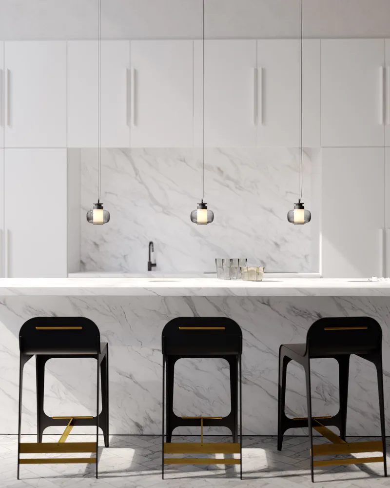 Modern Kitchen Design with White Marble and Black Bar Stools