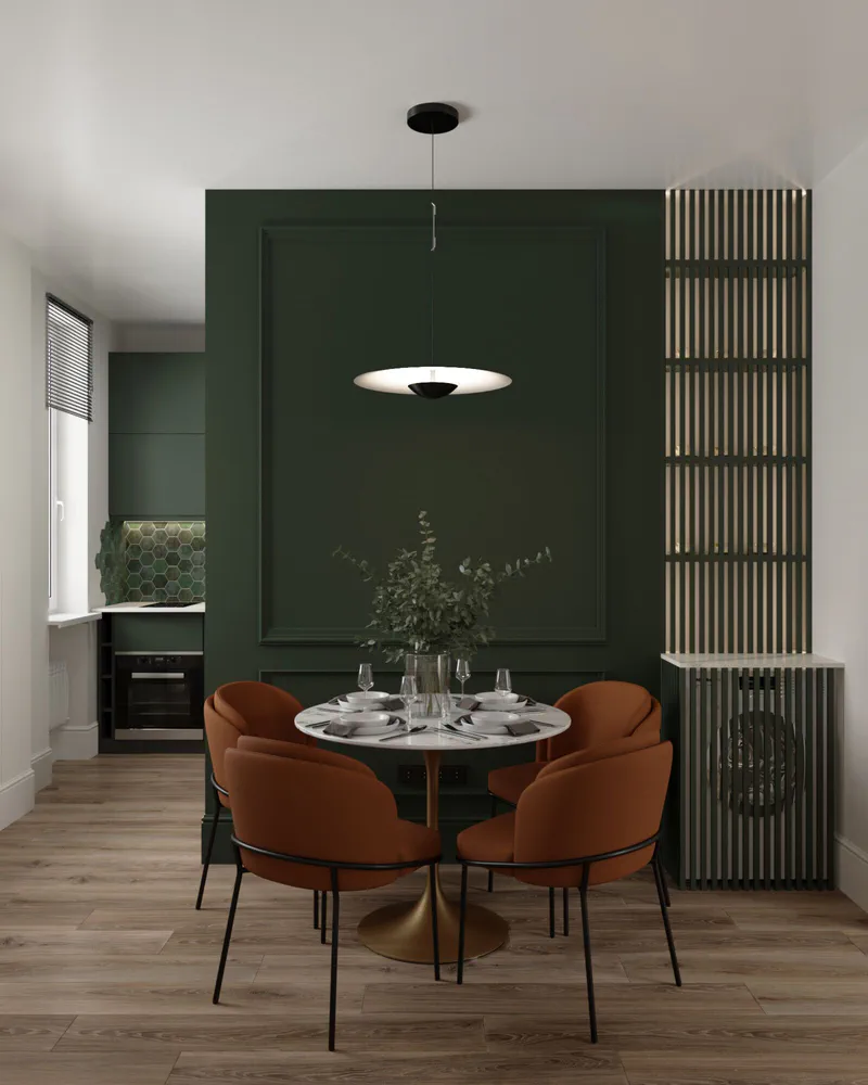 Modern Minimalist Dining Room with Black and Orange Accents