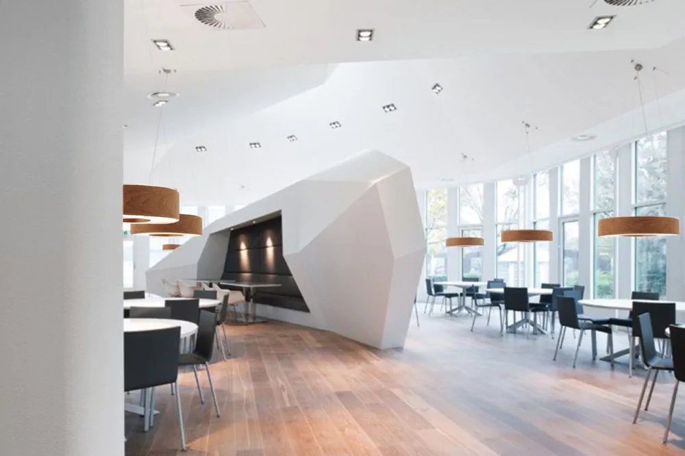Modern cafeteria design with geometric shapes and natural light