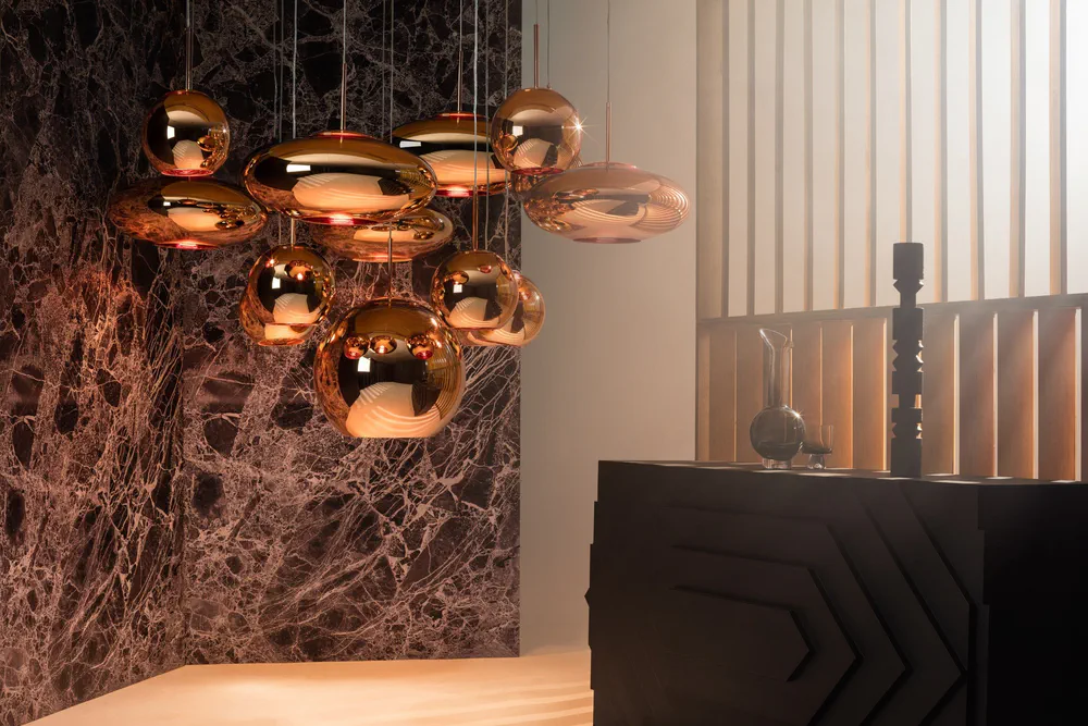 Modern Hollywood Regency Dining Room with Copper Pendant Lights
