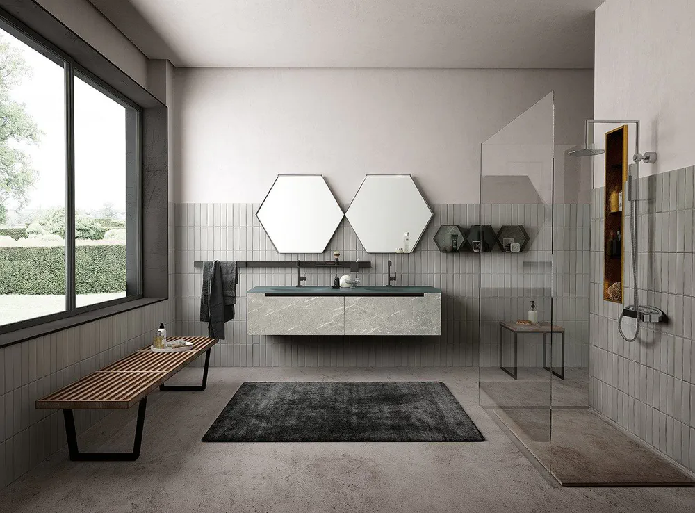 Modern Bathroom Design with Hexagonal Mirrors and Marble Vanity