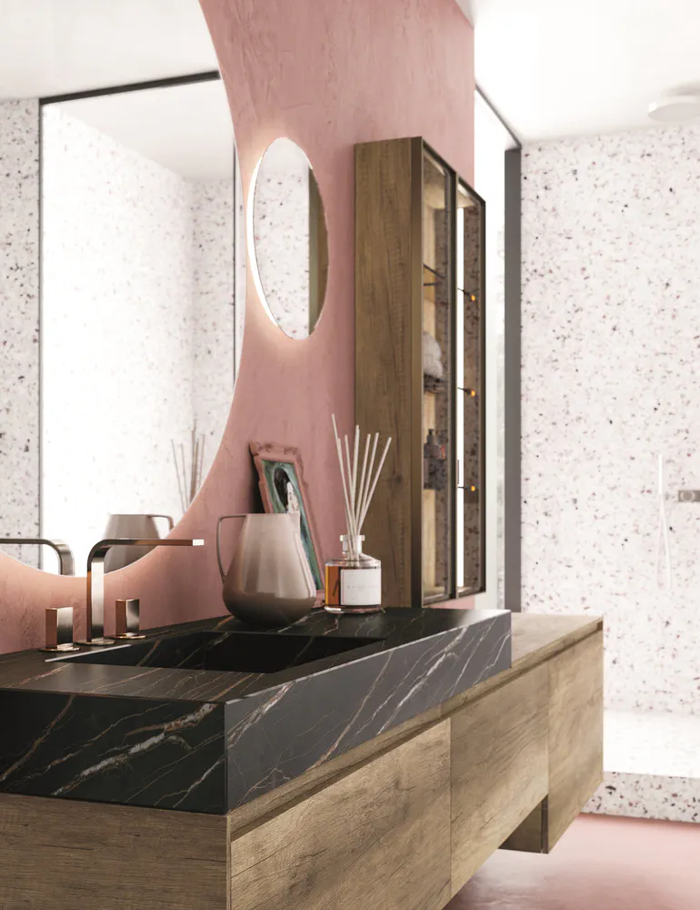 Modern Bathroom Design with Concrete Walls and Marble Countertop