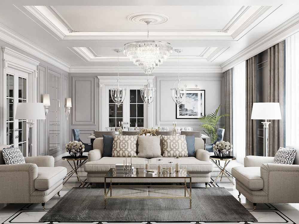 Coastal Hampton Style Living Room Design for a Mediterranean Villa
