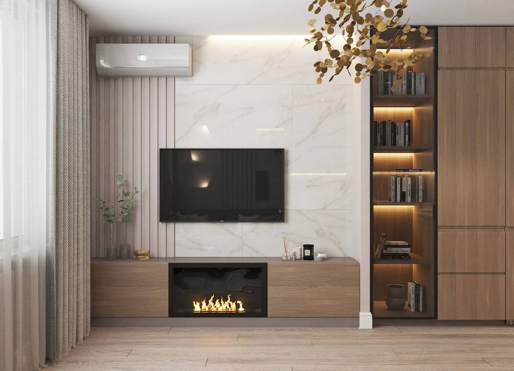 Modern Minimalist Living Room with Marble Wall and Track Lighting