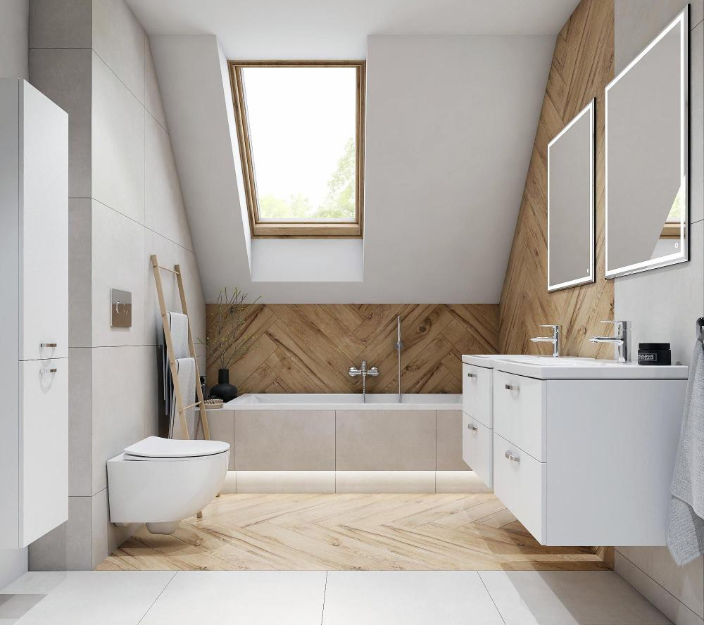 Modern Bathroom Design with White Marble and Wooden Elements