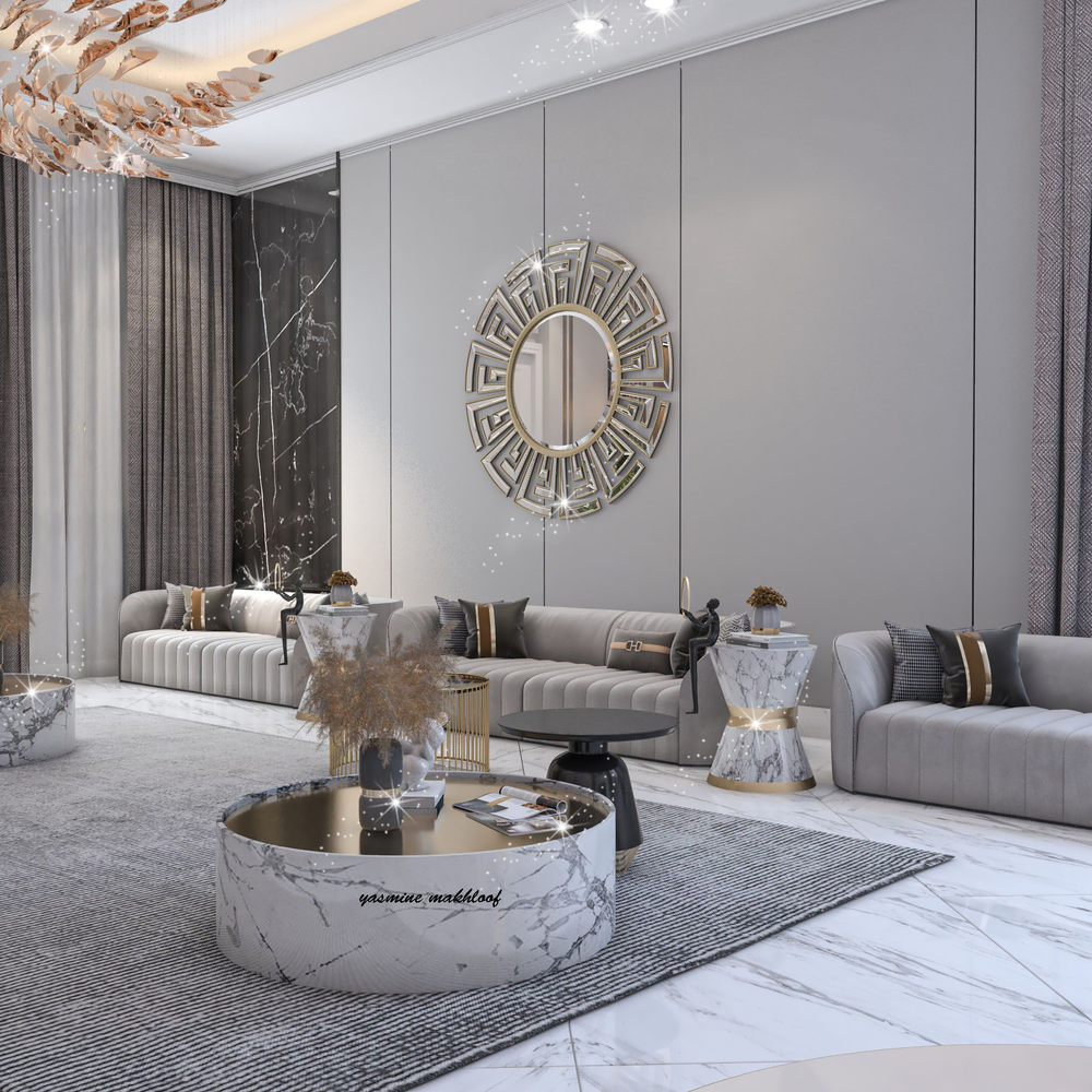 Modern Living Room Design with Beige Tufted Sofa and Light Blue Armchairs