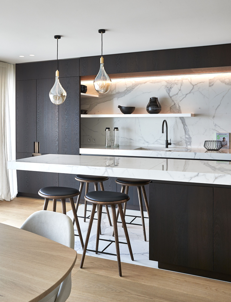Modern Kitchen Design with Marble Countertop and Bar Stools