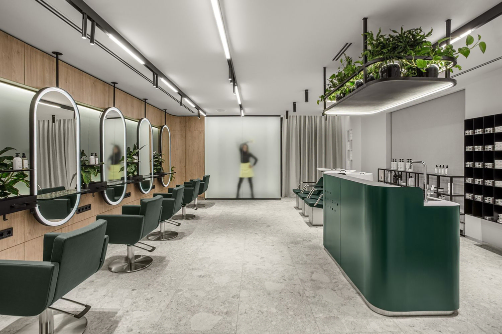Modern Salon Design with Green Accents