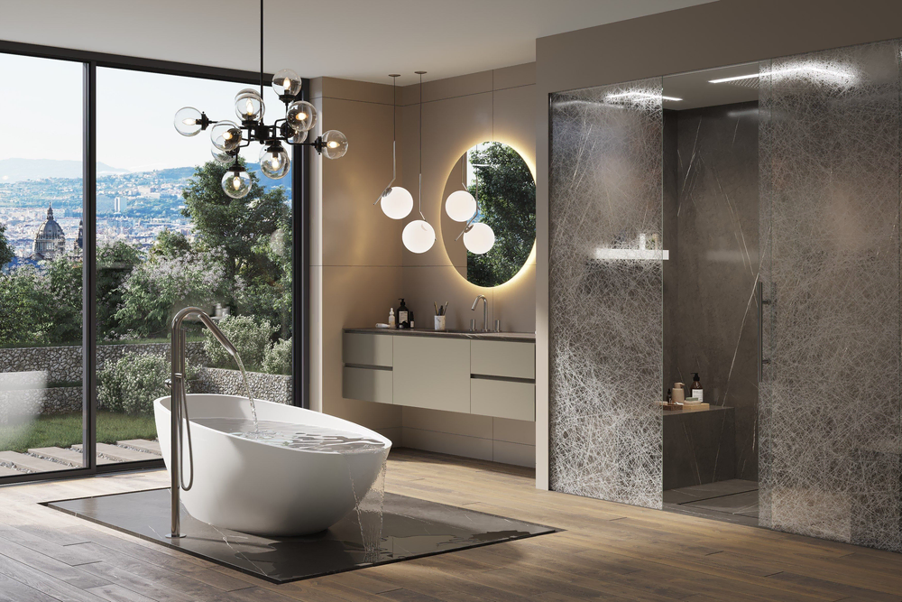 Modern Bathroom Design with Marble Vanity and Glass Shower Enclosure