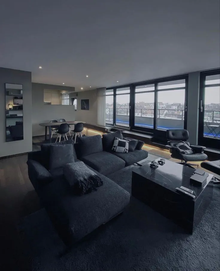 Modern Living Room with Purple Sofa and Glass Coffee Table