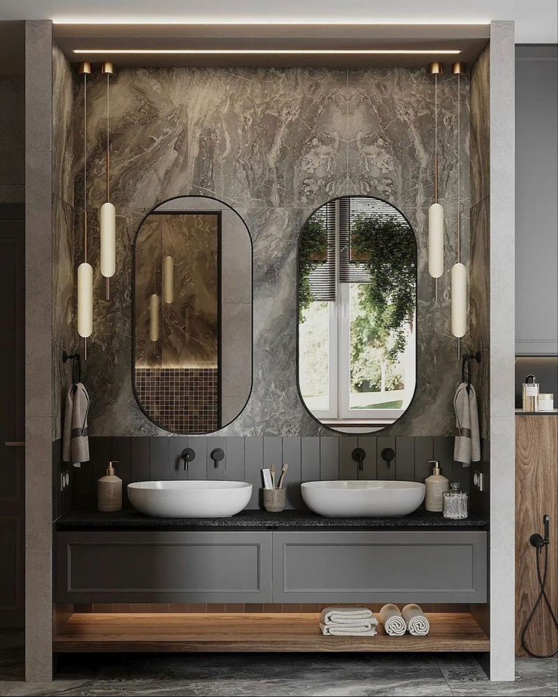 Modern Bathroom Design with Concrete Walls and Marble Countertop