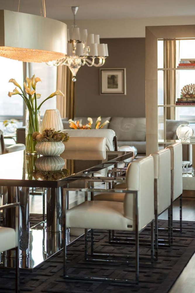 Modern Living Room Design with Beige Sofa and Glass Dining Table