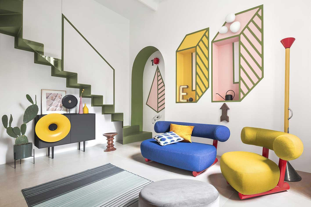Modern Living Room with Colorful Furniture and Concrete Arches