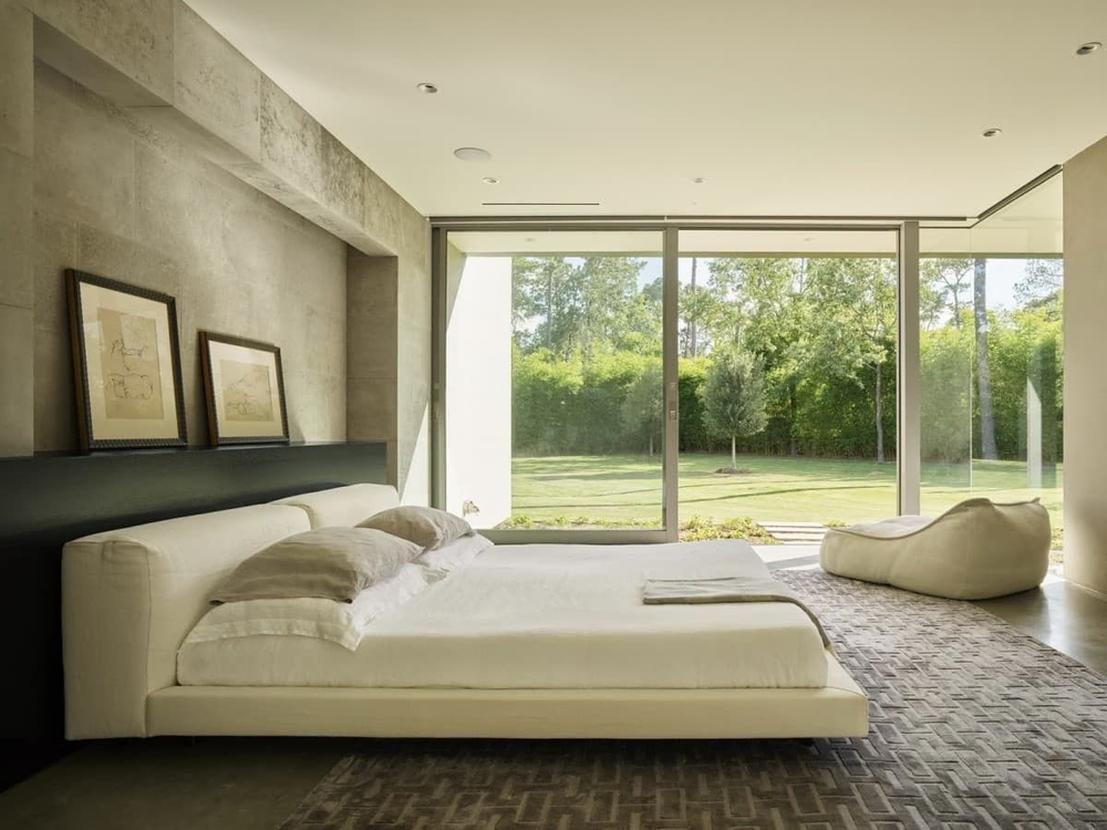Modern Bedroom Design with Concrete Ceiling and Hydroponic Garden