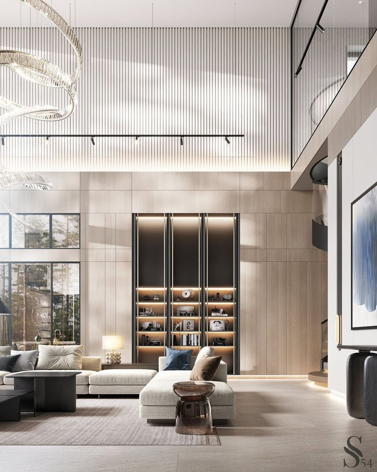 Modern Living Room Design with Beige Sectional and Dark Wood Accents